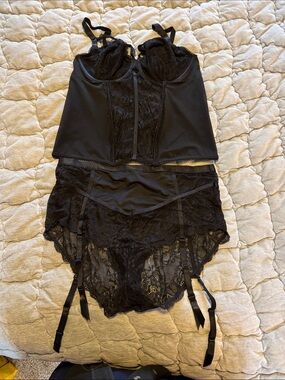 Women's Black Lace Bustier, High-Waist Garter Brief Set